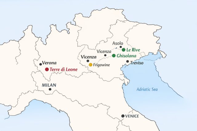 Kart over Veneto med vingårdene Le Rive, Ghisolana, Frigowine og Terre di Leone